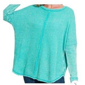 Zenana Acid Wash Cotton Waffle Tunic with Raw Edges and Long sleeves-Turquoise